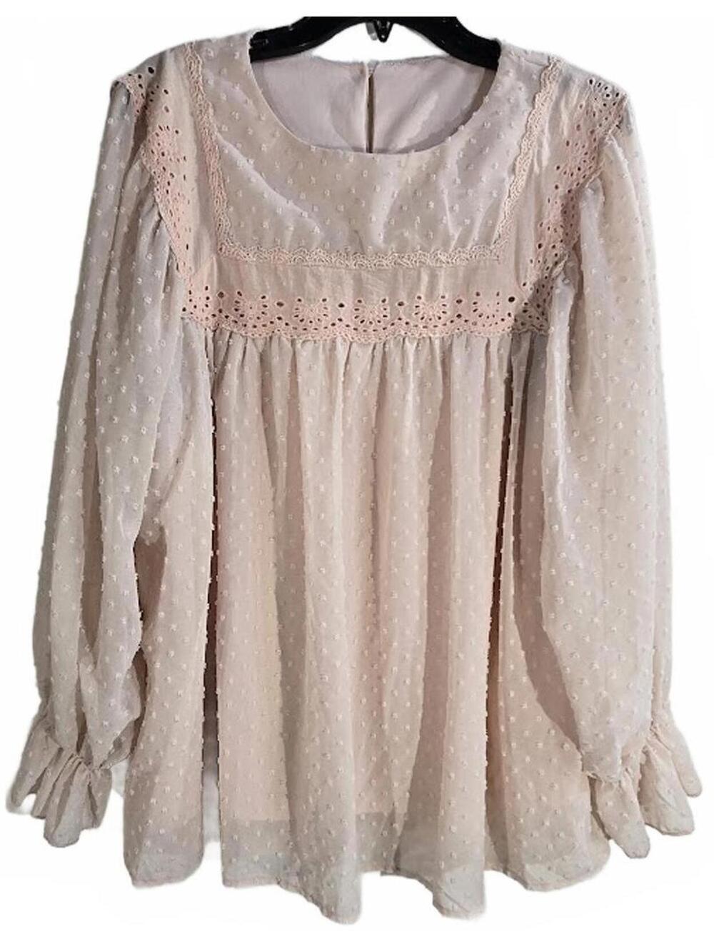 AlbaQ Pink Size M Chiffon Swiss Dot Blouse Long Sleeve Lace Lined Cottagecore